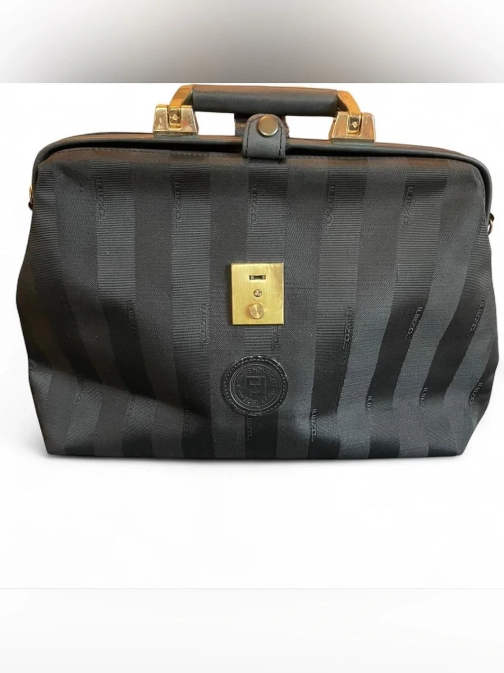 Vintage Fendi Black Striped styled Doctor Bag with Gold Hardware see pics